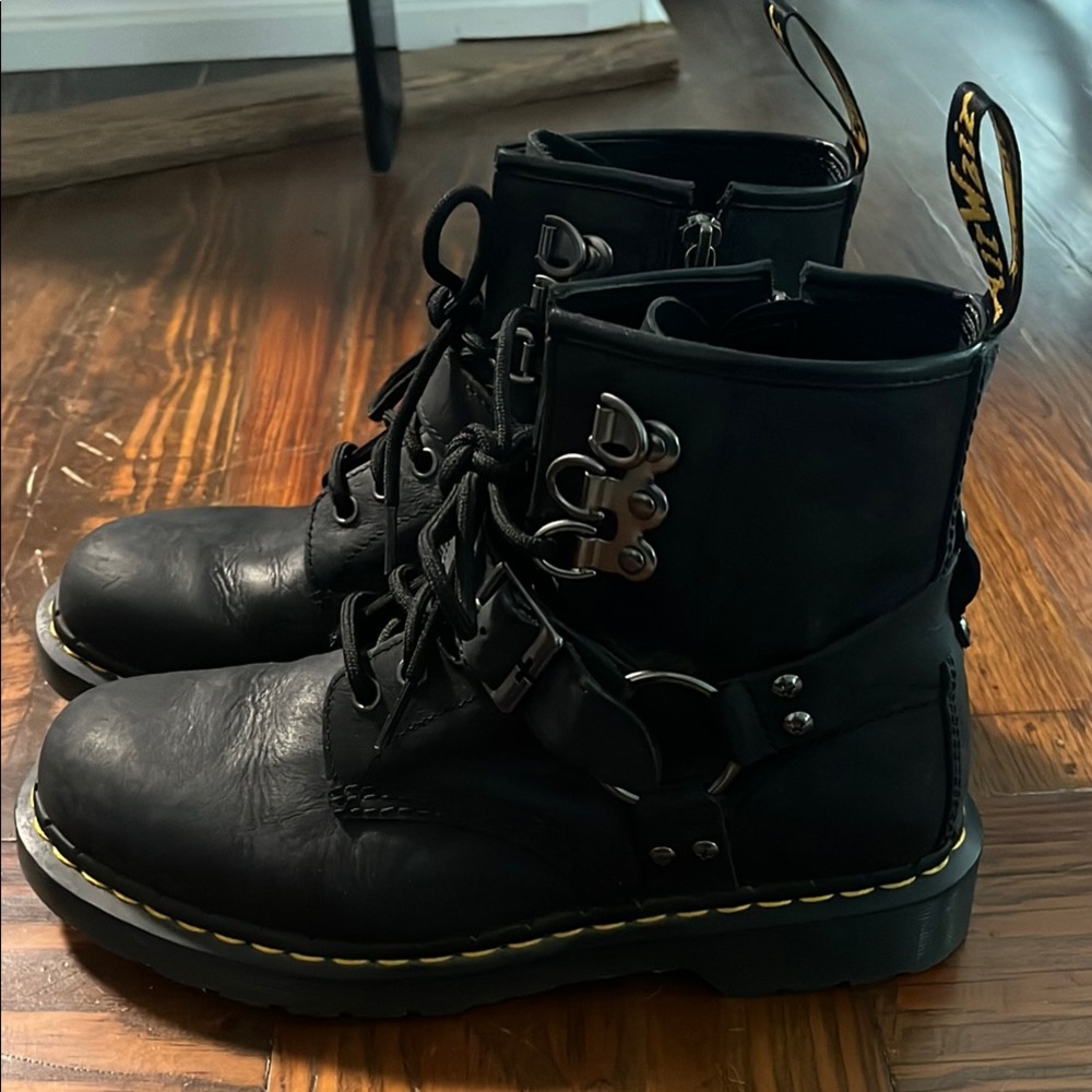Black Leather Doc Marten Combat Boots with Harness Rings